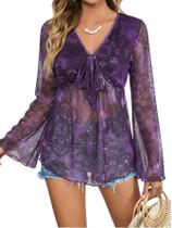 Blusa feminina Verdusa Paisley Boho roxa com decote em V XS-XXXXL