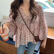 Blusa Feminina Vintage Chiffon - Decote V, Manga Comprida, Estampa Casual