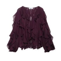 Blusa Feminina Vintage com Babados, Decote V e Manga Comprida - Estilo Chique DUOPERI