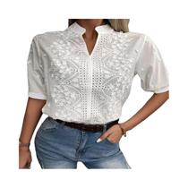 Blusa Feminina Vintage Crochê - Algodão Branco, Manga Curta, Estilo Elegante