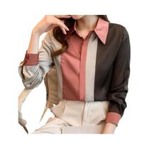 Blusa Feminina Vintage De Cetim Listrada De Manga Longa Para Escritório, Blusas Casuais Soltas