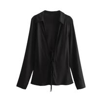 Blusa Feminina Vintage de Cetim - Manga Comprida, Decote V e Gravata Borboleta - TRAFZA