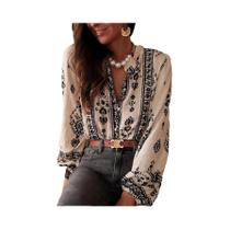 Blusa Feminina Vintage De Manga Longa Elegante Com Estampa Boho Para Escritório Outono 2025