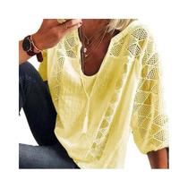 Blusa Feminina Vintage De Renda Vazada Com Decote V, Manga Curta Solta Casual De Cor Sólida Para O