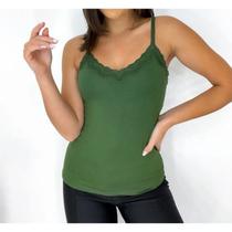 Blusa feminina viscolycra alça fina com bojo decote renda tecido confortável