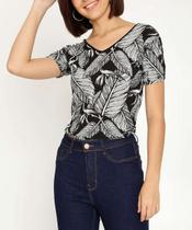 Blusa Feminina Viscolycra Estampa Folhas Vazado Manga -01786