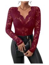 Blusa feminina WDIRARA com bordado floral em malha de renda bordô Blusa feminina WDIRARA com bordado floral em malha de renda bordô