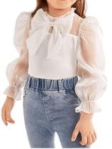 Blusa feminina WDIRARA, manga comprida, gola simulada, malha com babados, branca, 10Y
