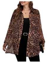 Blusa feminina WDIRARA plus size com estampa de leopardo transparente 4GG