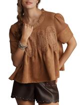 Blusa feminina Wefebi com detalhes de renda em camurça sintética marrom peplum Blusa feminina Wefebi com detalhes de renda em camurça sintética marrom peplum