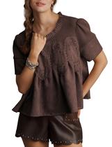 Blusa feminina Wefebi com detalhes de renda em camurça sintética Peplum Coffee Blusa feminina Wefebi com detalhes de renda em camurça sintética Peplum Coffee