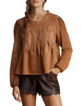 Blusa feminina Wefebi de camurça sintética, renda, malha de popeline, marrom, tamanho L