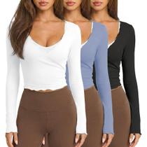 Blusa feminina Wrap Top Talakeno, de manga comprida, preta, azul e branca