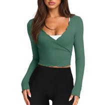 Blusa feminina Wrap Top Talakeno, de manga comprida, verde escuro