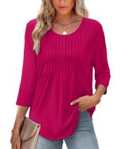 Blusa feminina XIEERDUO, manga 3/4, plissada, gola redonda, rosa choque, S