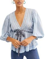 Blusa feminina YANGCHA, renda azul, chiffon, decote em V, manga folhada