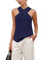 Blusa feminina Yeokou Halter Cross Over, tricotada em azul marinho