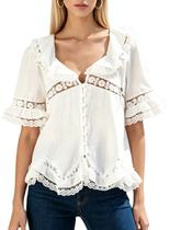 Blusa feminina Yiulangde, gravata frontal, babado, boho, renda branca Blusa feminina Yiulangde, gravata frontal, babado, boho, renda branca