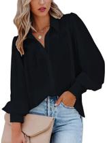 Blusa feminina Zeagoo com botões preta de manga comprida GG