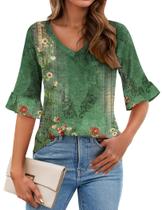 Blusa Feminina Zeagoo com Estampa Floral - Decote V e Manga 3/4