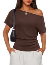 Blusa feminina ZESICA, sem ombros, franzida, em malha, café S Blusa feminina ZESICA, sem ombros, franzida, em malha, café S