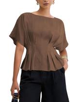 Blusa feminina Zhiyouni, de verão, peplum, mangas curtas, marrom Blusa feminina Zhiyouni, de verão, peplum, mangas curtas, marrom