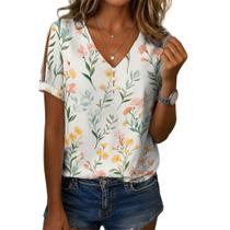Blusa feminina Zhyaj com estampa floral boho com decote em V e manga curta