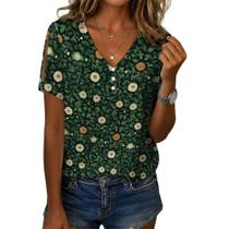 Blusa feminina Zhyaj com estampa floral boho com decote em V e manga curta Blusa feminina Zhyaj com estampa floral boho com decote em V e manga curta