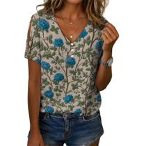 Blusa feminina Zhyaj com estampa floral boho com decote em V e manga curta