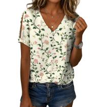 Blusa feminina Zhyaj com estampa floral boho com decote em V e manga curta