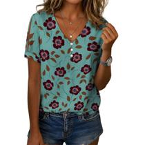 Blusa feminina Zhyaj com estampa floral boho com decote em V e manga curta