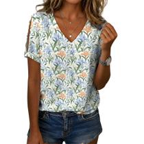 Blusa feminina Zhyaj com estampa floral boho com decote em V e manga curta