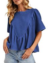 Blusa feminina Ziqoty de manga curta Peplum Waffle Knit Blue Blusa feminina Ziqoty de manga curta Peplum Waffle Knit Blue
