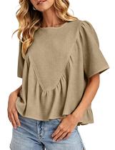 Blusa feminina Ziqoty de manga curta Peplum Waffle Knit Khaki
