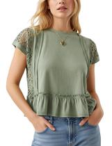 Blusa feminina ZIZERY Peplum Lace Crochê, manga curta, verde sálvia