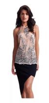 Blusa Festa Renda E Crepe Nude Alça Fato Básico