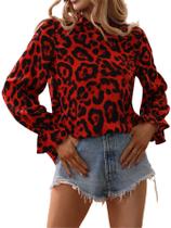 Blusa Floerns com estampa de leopardo de manga comprida para mulheres vermelha XL Blusa Floerns com estampa de leopardo de manga comprida para mulheres vermelha XL