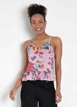 Blusa Floral Com Babado Na Barra Alças Decote Redondo