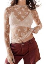 Blusa floral de manga comprida de renda transparente Top Flygo para mulheres