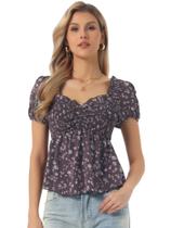 Blusa floral de manga curta Allegra K Puff para mulheres com gola em forma de coração, babados, babados, peplum, café pequeno Blusa floral de manga curta Allegra K Puff para mulheres com gola em forma de coração, babados, babados, peplum, café pequeno
