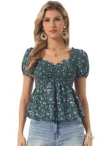 Blusa floral de manga curta Allegra K Puff para mulheres com gola em forma de coração, blusa franzida, babados, peplum, GG, verde escuro Blusa floral de manga curta Allegra K Puff para mulheres com gola em forma de coração, blusa franzida, babados, peplum, GG, verde escuro