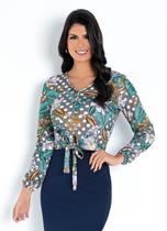 Blusa floral e poá com amarração cinza- moda evangélica