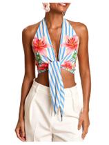 Blusa floral feminina de verão Halter Crop Floerns azul/branco