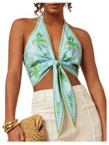 Blusa floral feminina de verão Halter Crop Floerns azul celeste/verde