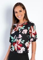 Blusa floral preta com elástico - moda evangélica