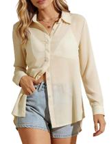 Blusa Flygo Sheer para mulheres de manga comprida transparente bege Blusa Flygo Sheer para mulheres de manga comprida transparente bege