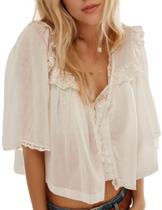 Blusa FUNTOUR Summer Boho de renda com decote em V para mulheres, branca Blusa FUNTOUR Summer Boho de renda com decote em V para mulheres, branca