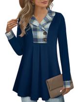 Blusa Gaharu Túnica de Manga Larga con Cuello en Vichy y Solapa