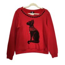 Blusa Gato Moletom Flanelado Bordada Vermelho Queimado