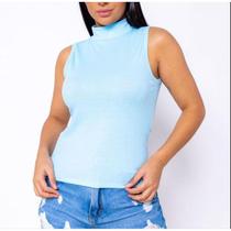 Blusa gola alta manga cavada canelada feminina moda